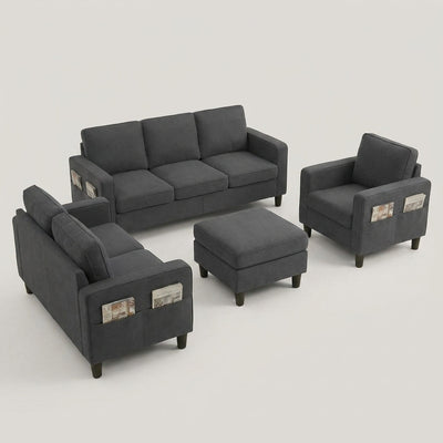 Sectional Sofa Set Built for Modern Apartments, L-Shaped Design, Storage Ottoman, Linen Fabric