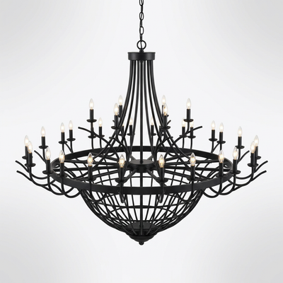 Farmhouse Chandelier Designed for High Ceiling Drama, 48 Candle Lights, Black Wagon Wheel, Traditional Style
