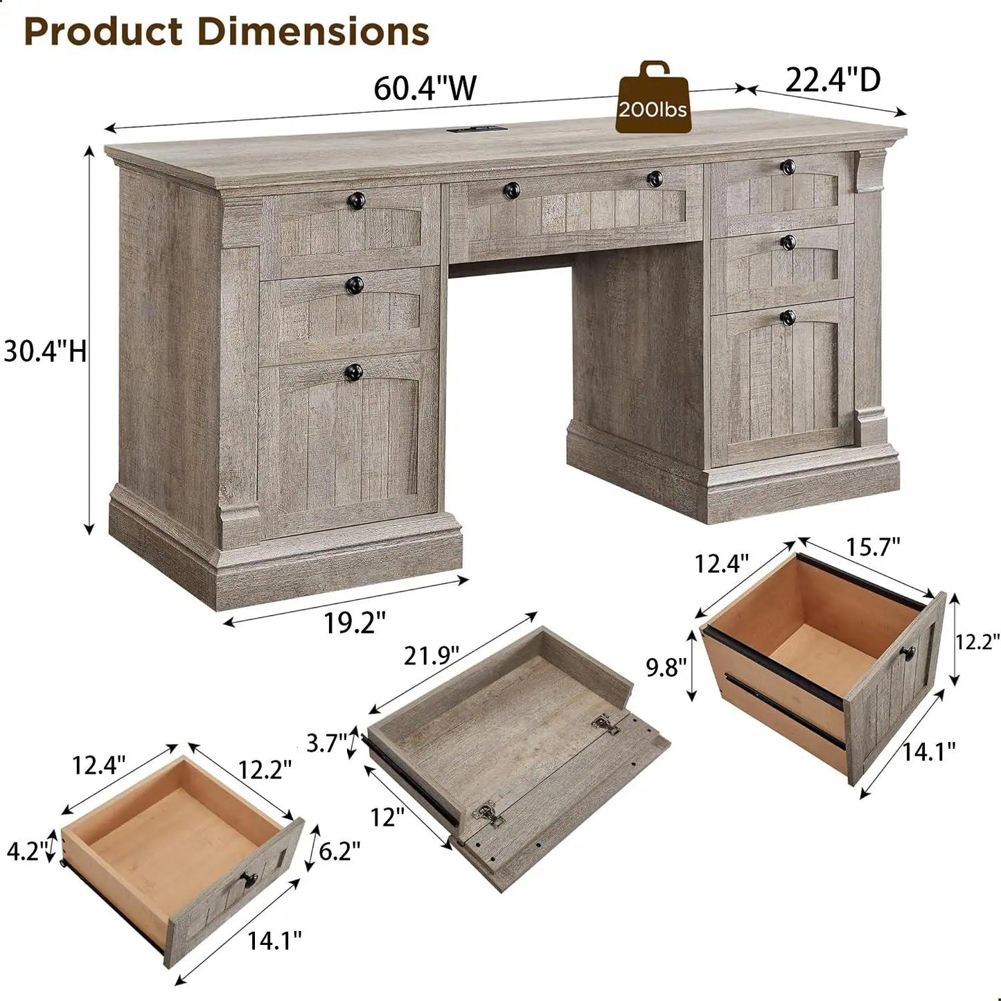 Executive Desk, Wood Office Desk with Charging Station & File Cabinet