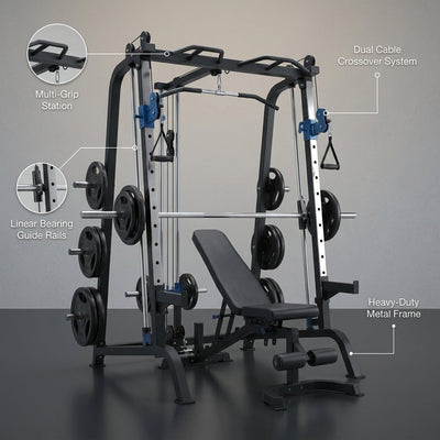 Home Gym Smith Machine Built for Complete Strength Training, Cable Crossover System, Full-Body Workouts, Metal Construction