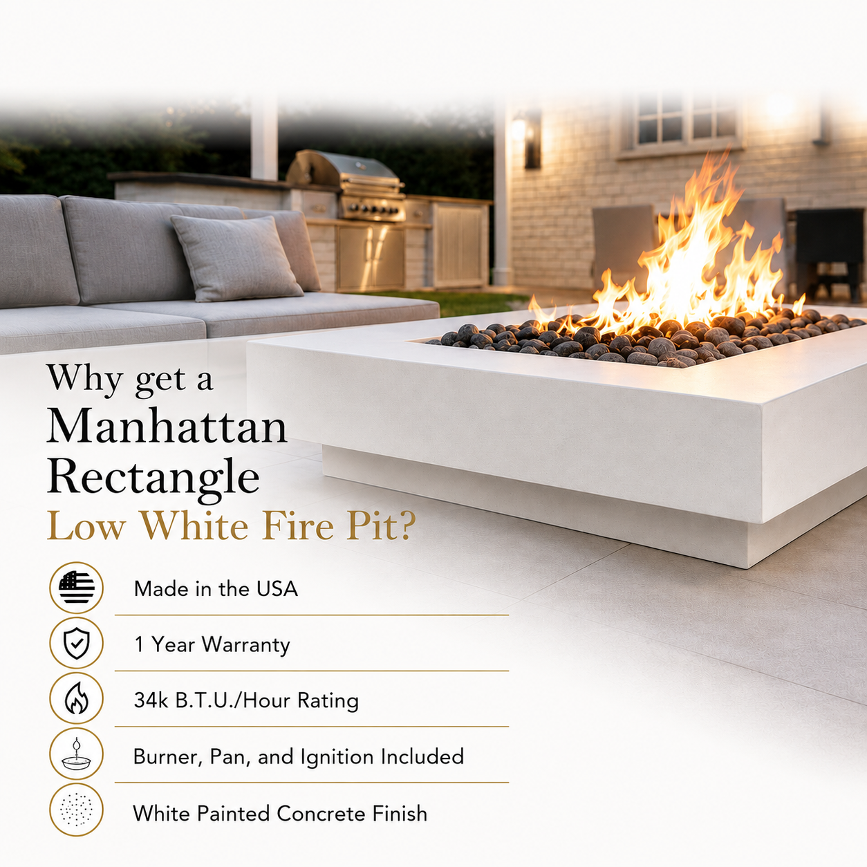 ARCHPOT 56" Manhattan Rectangle Low White Fire Pit - Natural Gas