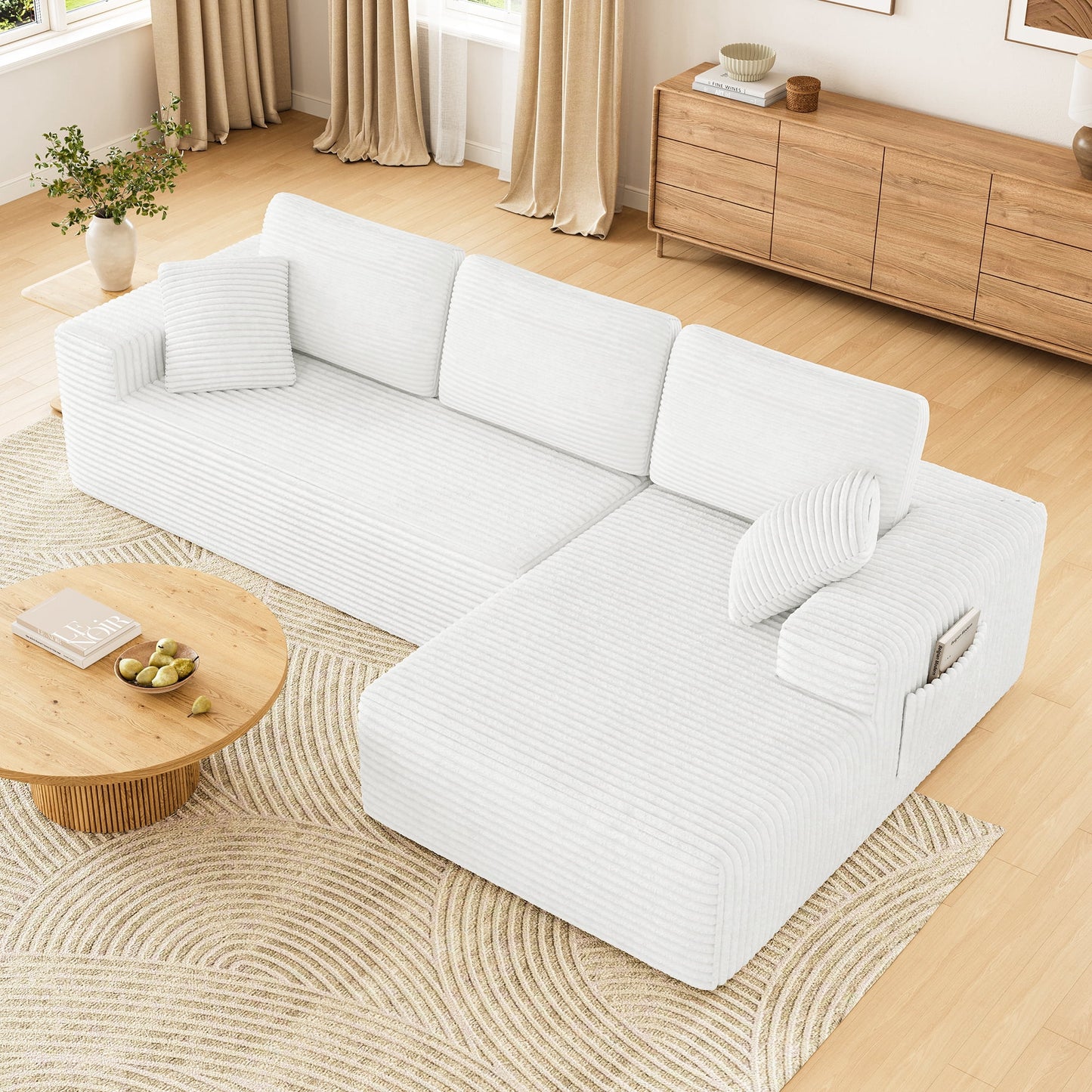 108" Boneless Sofa for Living Room,  Modern L-Shaped Corduroy Sectional, Modular Cloud Couch with Deep Seating Upholstered Sofa, Oversized,No Assembly, White