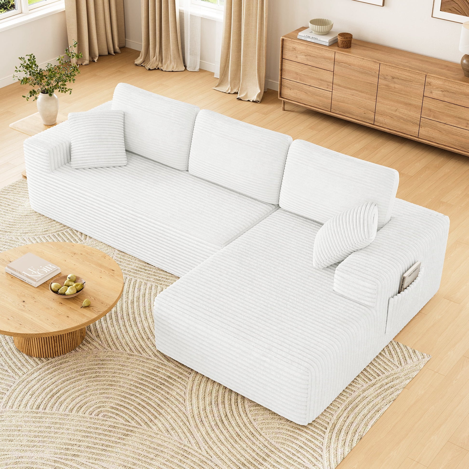 108" Boneless Sofa for Living Room,  Modern L-Shaped Corduroy Sectional, Modular Cloud Couch with Deep Seating Upholstered Sofa, Oversized,No Assembly, White