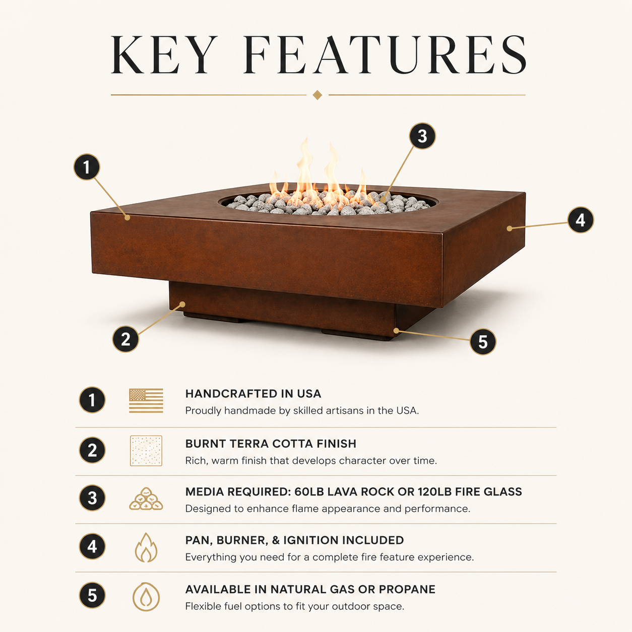 ARCHPOT 54" Midway Square Burnt Terra Cotta Fire Pit - Natural Gas