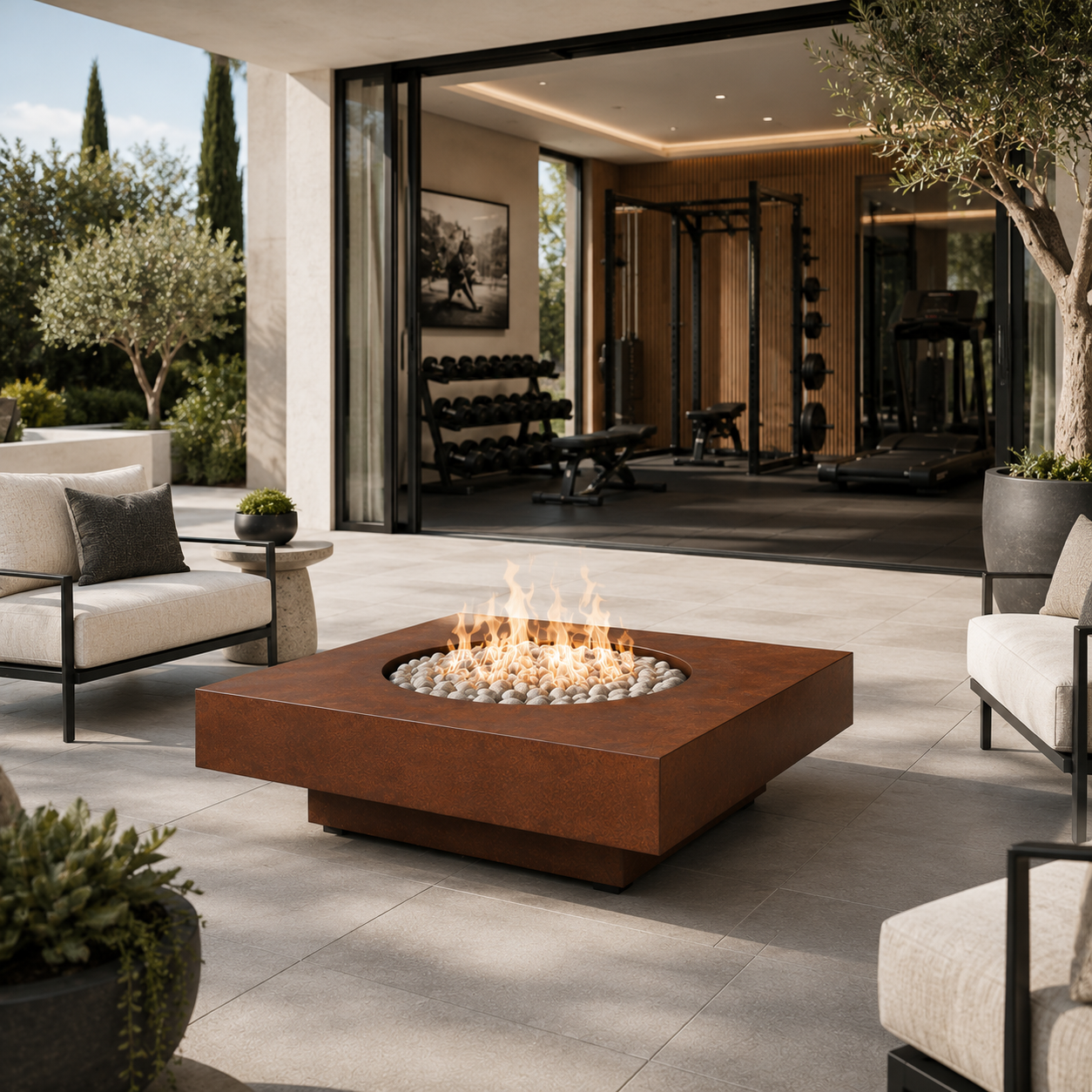 ARCHPOT 54" Midway Square Burnt Terra Cotta Fire Pit - Natural Gas