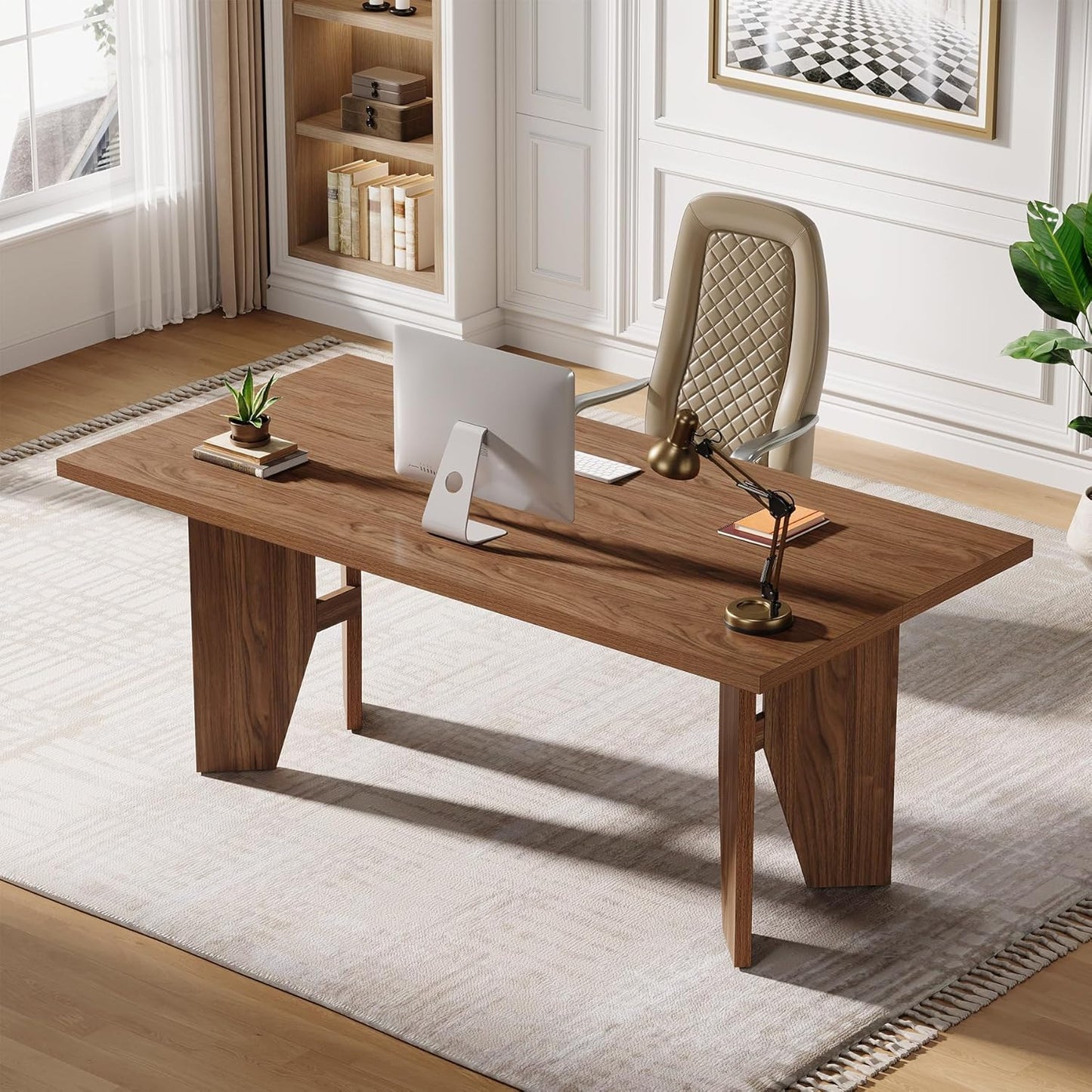 63" Executive Desk, Mid-Century Modern Office Computer Desk with Sturdy Legs, Large Wooden Workstation Writing Table, Farmhouse Business Furniture for Home Office, Brown