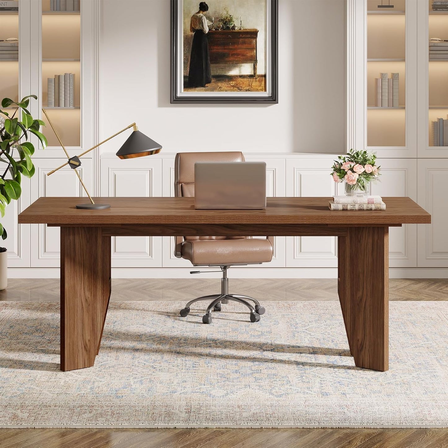 63" Executive Desk, Mid-Century Modern Office Computer Desk with Sturdy Legs, Large Wooden Workstation Writing Table, Farmhouse Business Furniture for Home Office, Brown