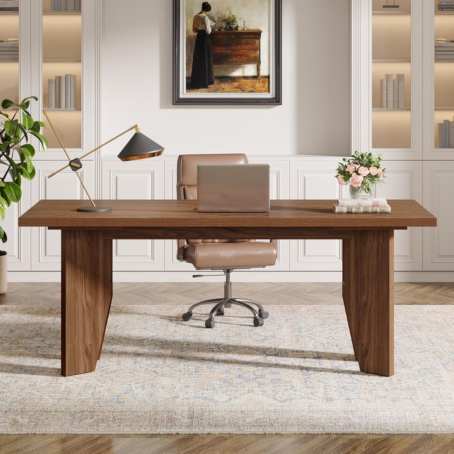 63" Executive Desk, Mid-Century Modern Office Computer Desk with Sturdy Legs, Large Wooden Workstation Writing Table, Farmhouse Business Furniture for Home Office, Brown