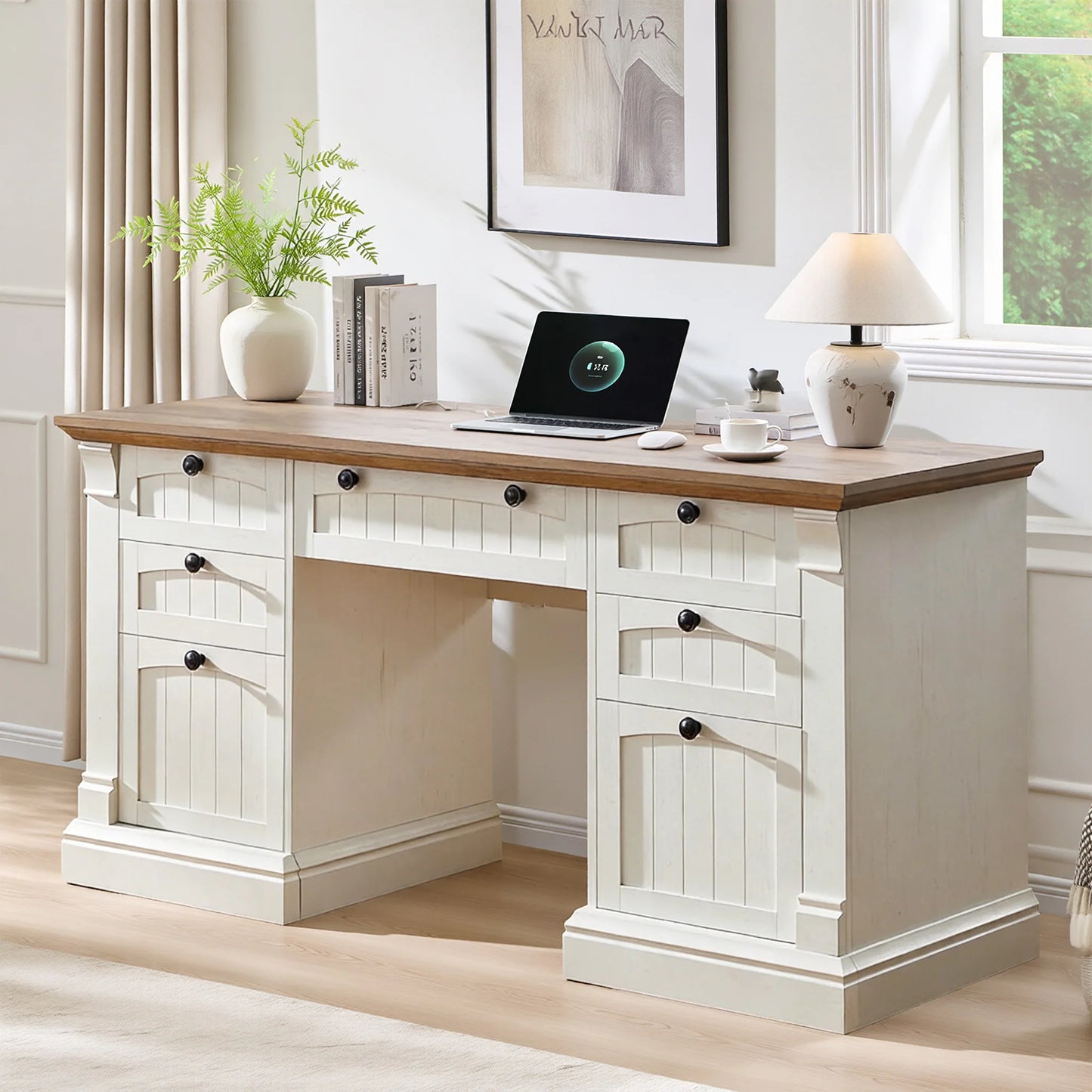 Executive Desk, Wood Office Desk with Charging Station & File Cabinet