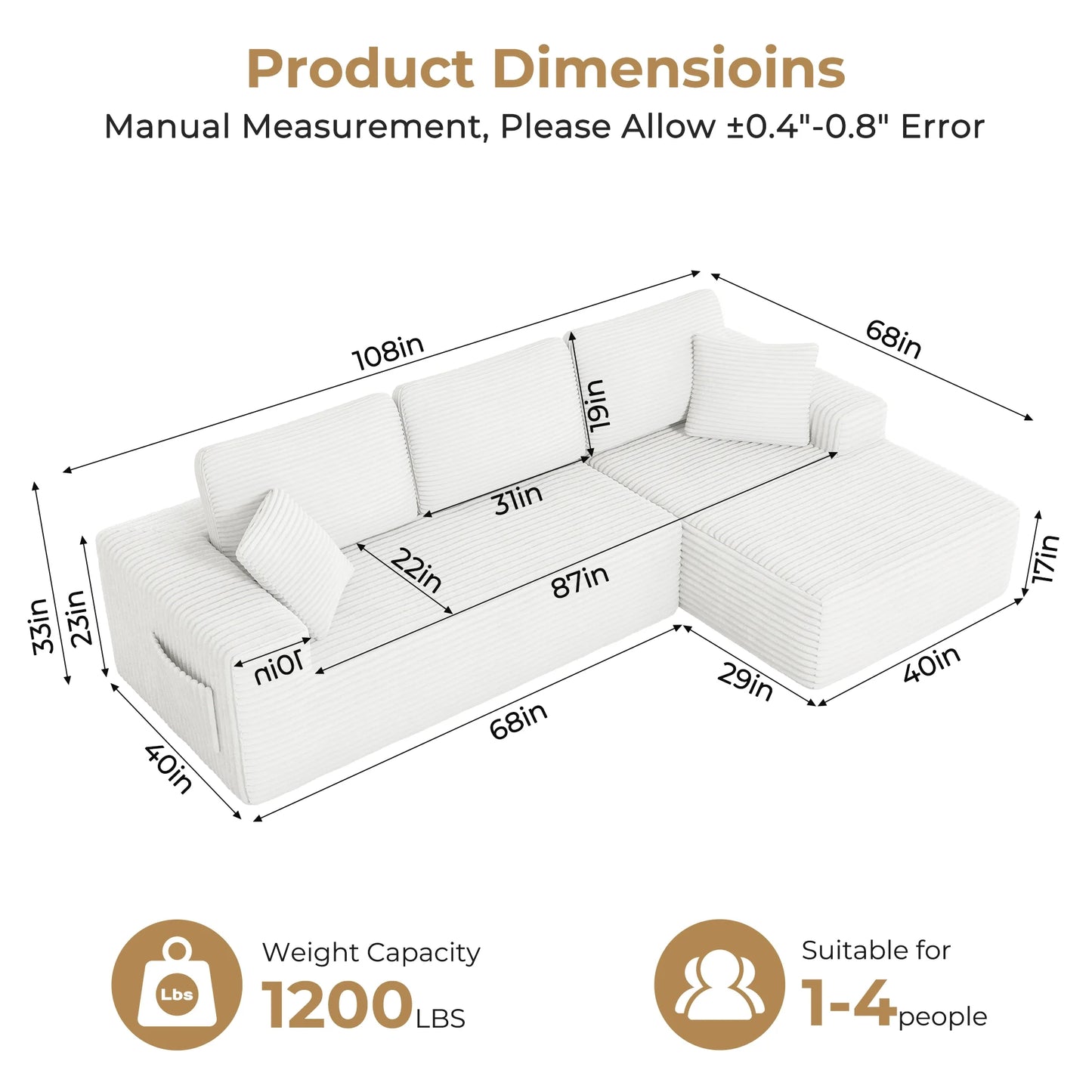 108" Boneless Sofa for Living Room,  Modern L-Shaped Corduroy Sectional, Modular Cloud Couch with Deep Seating Upholstered Sofa, Oversized,No Assembly, White