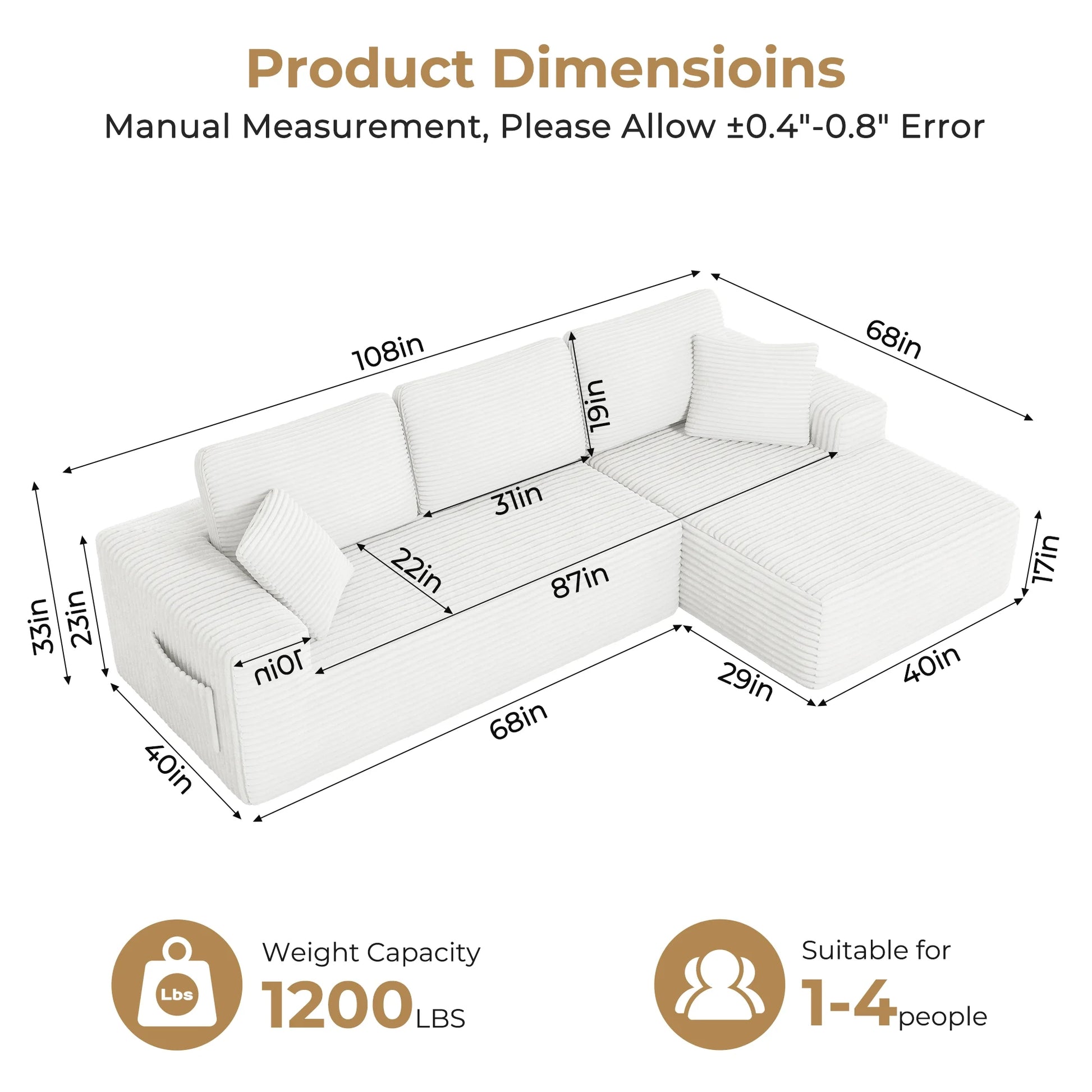108" Boneless Sofa for Living Room,  Modern L-Shaped Corduroy Sectional, Modular Cloud Couch with Deep Seating Upholstered Sofa, Oversized,No Assembly, White