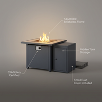40.5" Outdoor Propane Fireplace with Tank Storage and Dust Cover-50,000 BTU Smokeless Gas Fire Pit with CSA Certified and Adjustable Flame for Patio Backyard Outdoor Heating & Decoration — infographic