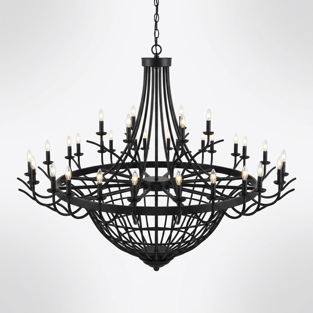 48 Light Large Black Candle Style Wagon Wheel Farmhouse Traditional Chandelier for High Ceilings Foyer Dining Room — Studio Shot