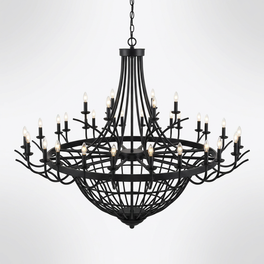 48 Light Large Black Candle Style Wagon Wheel Farmhouse Traditional Chandelier for High Ceilings Foyer Dining Room — Studio Shot