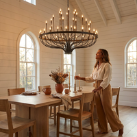 48 Light Large Black Candle Style Wagon Wheel Farmhouse Traditional Chandelier for High Ceilings Foyer Dining Room — Lifestyle