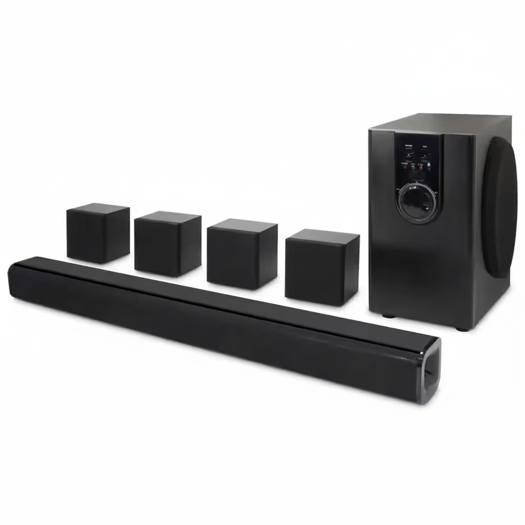 5.1-Channel Bluetooth Home Theater System, 6-Surround Speakers with Wired Connections, Learning Remote Capability, Black