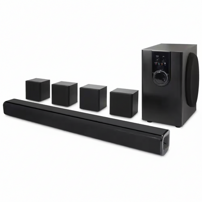 5.1-Channel Bluetooth Home Theater System, 6-Surround Speakers with Wired Connections, Learning Remote Capability, Black