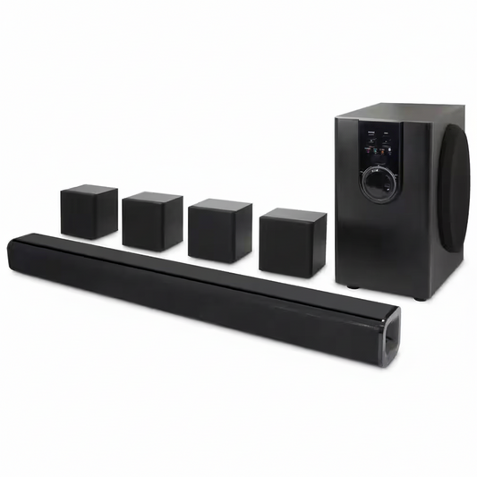 5.1-Channel Bluetooth Home Theater System, 6-Surround Speakers with Wired Connections, Learning Remote Capability, Black