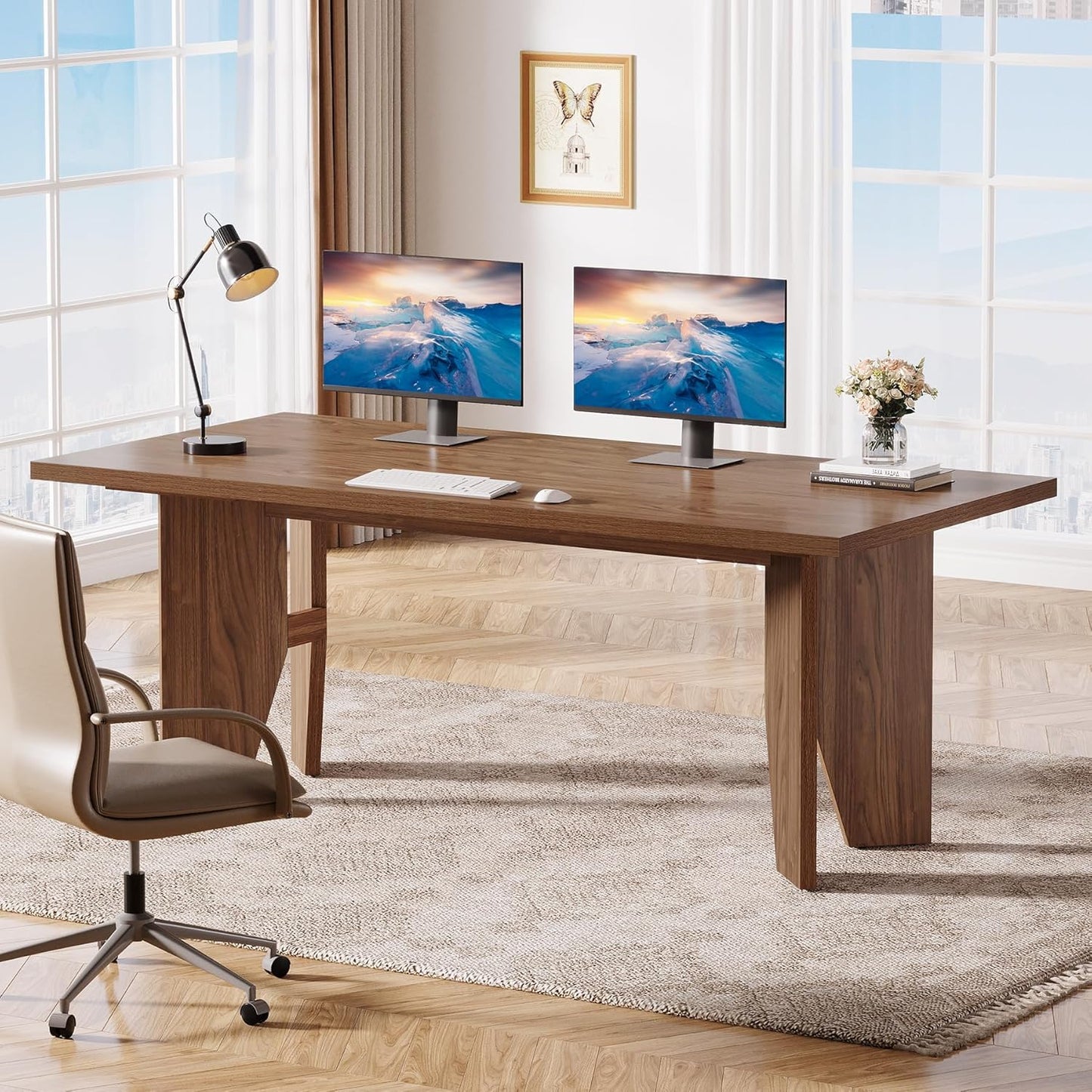 63" Executive Desk, Mid-Century Modern Office Computer Desk with Sturdy Legs, Large Wooden Workstation Writing Table, Farmhouse Business Furniture for Home Office, Brown