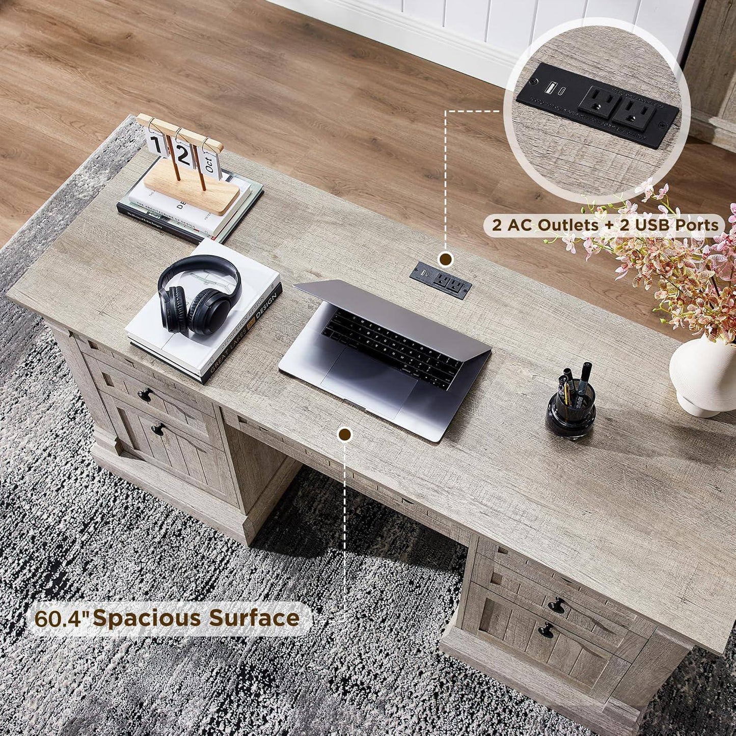 Executive Desk, Wood Office Desk with Charging Station & File Cabinet
