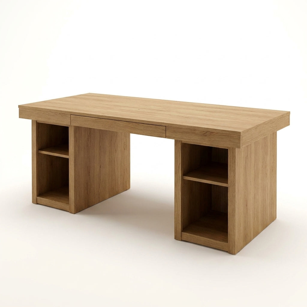 71” Executive Desk with Cabinet Storage, Farmhouse Home Office Desk, Wooden Computer Desk with Extra Thickened Tabletop & Metal Frame, for Work Study Writing, Oak — Studio Shot