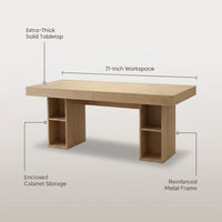 71” Executive Desk with Cabinet Storage, Farmhouse Home Office Desk, Wooden Computer Desk with Extra Thickened Tabletop & Metal Frame, for Work Study Writing, Oak — infographic
