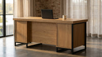 71” Executive Desk with Cabinet Storage, Farmhouse Home Office Desk, Wooden Computer Desk with Extra Thickened Tabletop & Metal Frame, for Work Study Writing, Oak — Lifestyle