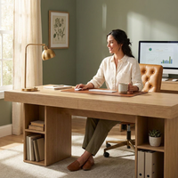 71” Executive Desk with Cabinet Storage, Farmhouse Home Office Desk, Wooden Computer Desk with Extra Thickened Tabletop & Metal Frame, for Work Study Writing, Oak — Lifestyle