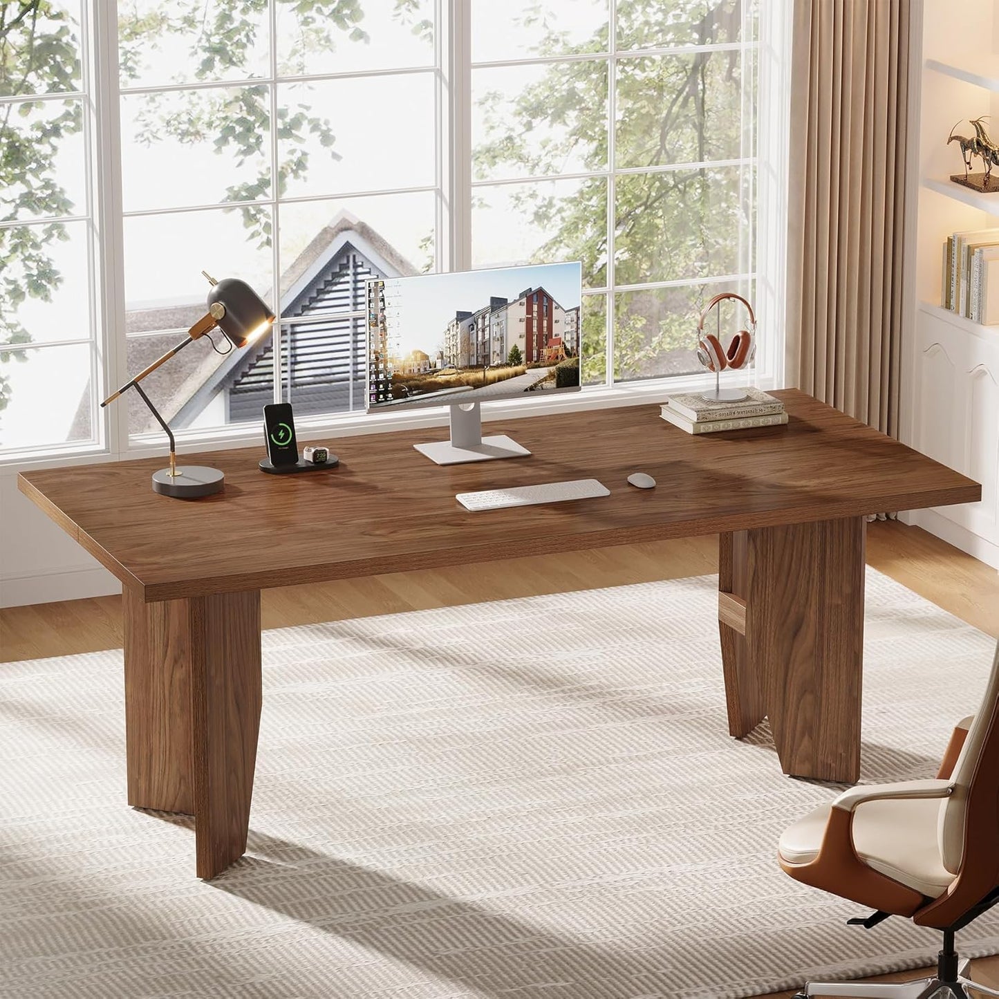 63" Executive Desk, Mid-Century Modern Office Computer Desk with Sturdy Legs, Large Wooden Workstation Writing Table, Farmhouse Business Furniture for Home Office, Brown