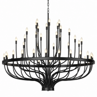 Farmhouse Chandelier Designed for High Ceiling Drama, 48 Candle Lights, Black Wagon Wheel, Traditional Style