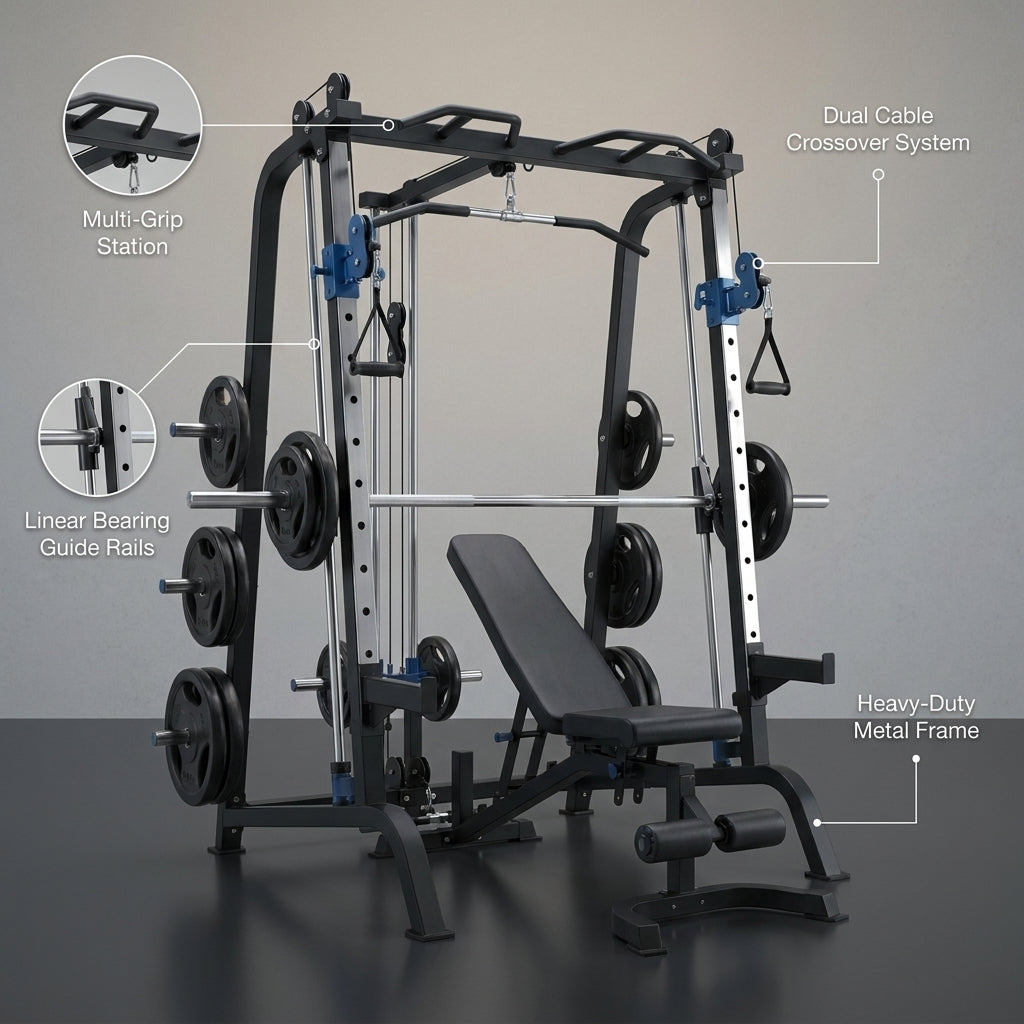 Home Gym Smith Machine Built for Complete Strength Training, Cable Crossover System, Full-Body Workouts, Metal Construction — infographic