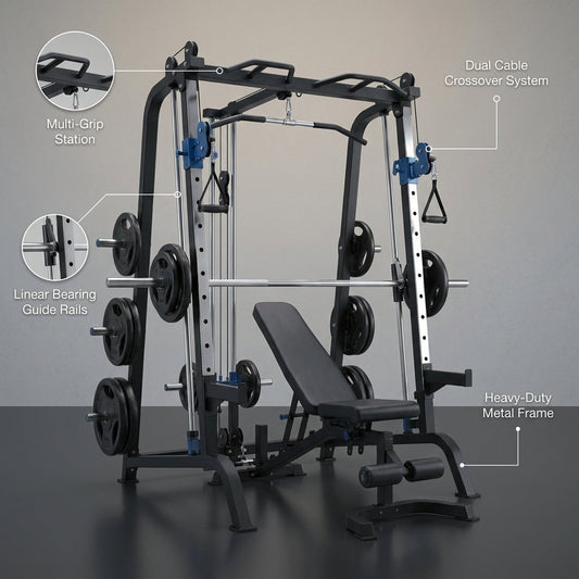 Home Gym Smith Machine Built for Complete Strength Training, Cable Crossover System, Full-Body Workouts, Metal Construction — infographic