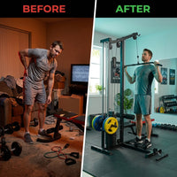 Home Gym Smith Machine with 138LB Weight Stack, Leg Press & LAT Station for Full Body Workouts — Before & After