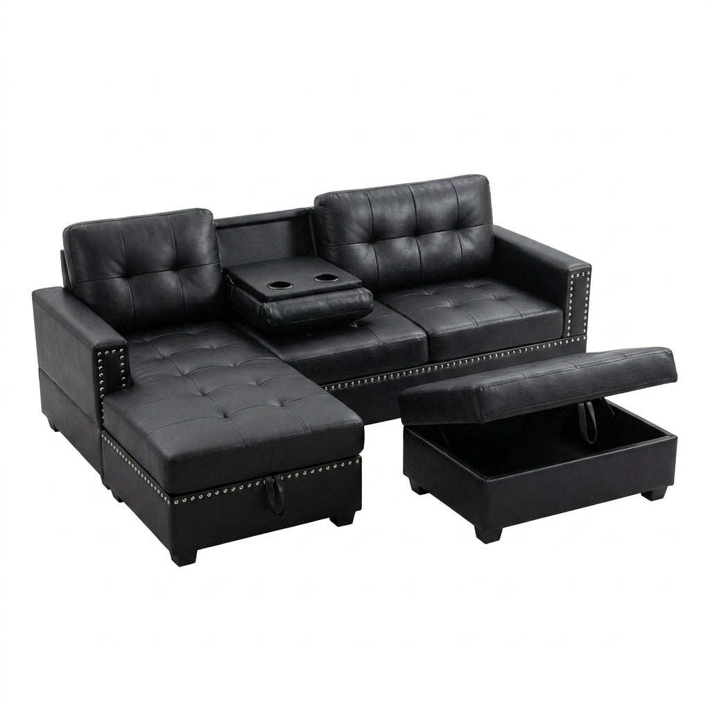 L Shaped Couch Modern Sectional Sofa with Left Chaise & Ottoman Tufted Modular Sofa Couch Set for Living Room, Black — Studio Shot