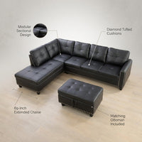 L Shaped Couch Modern Sectional Sofa with Left Chaise & Ottoman Tufted Modular Sofa Couch Set for Living Room, Black — infographic