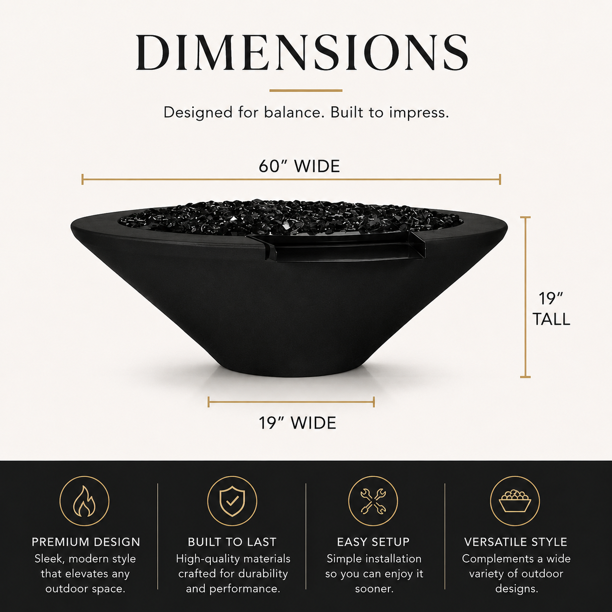 ARCHPOT 60" Round Black Geo Fire & Water Bowl - Natural Gas