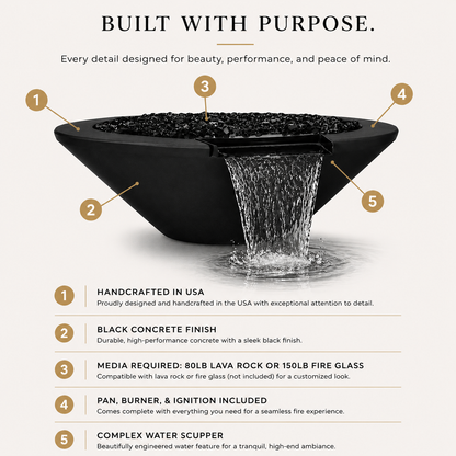 ARCHPOT 60" Round Black Geo Fire & Water Bowl - Natural Gas