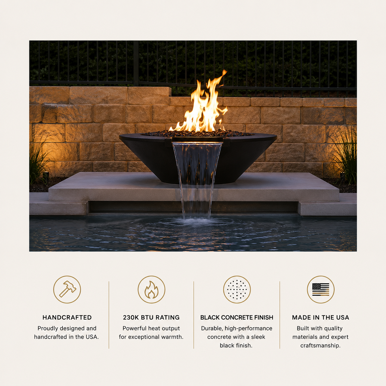 ARCHPOT 60" Round Black Geo Fire & Water Bowl - Natural Gas