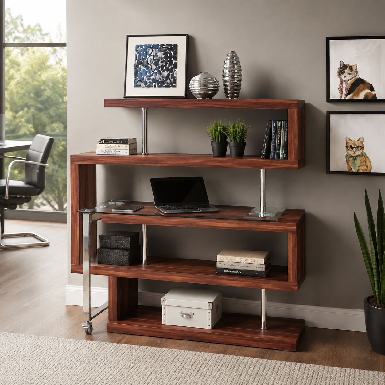 Buck II Writing Desk with Bookshelf – Walnut High Gloss