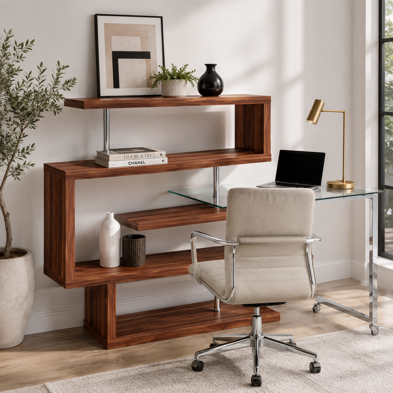 Buck II Writing Desk with Bookshelf – Walnut High Gloss