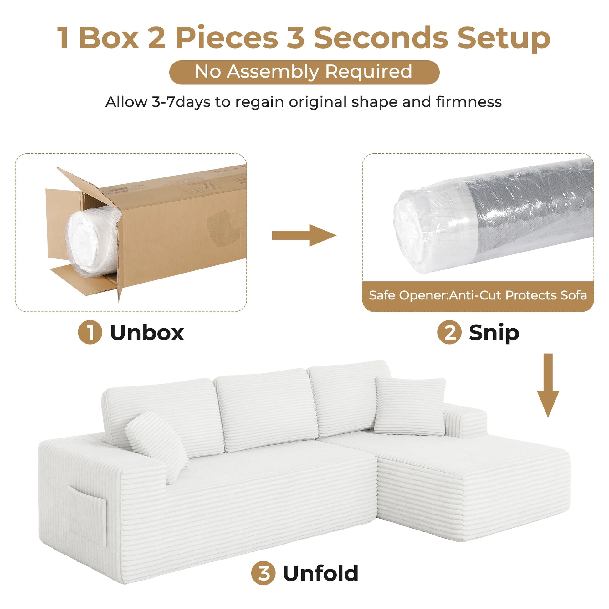 108" Boneless Sofa for Living Room,  Modern L-Shaped Corduroy Sectional, Modular Cloud Couch with Deep Seating Upholstered Sofa, Oversized,No Assembly, White