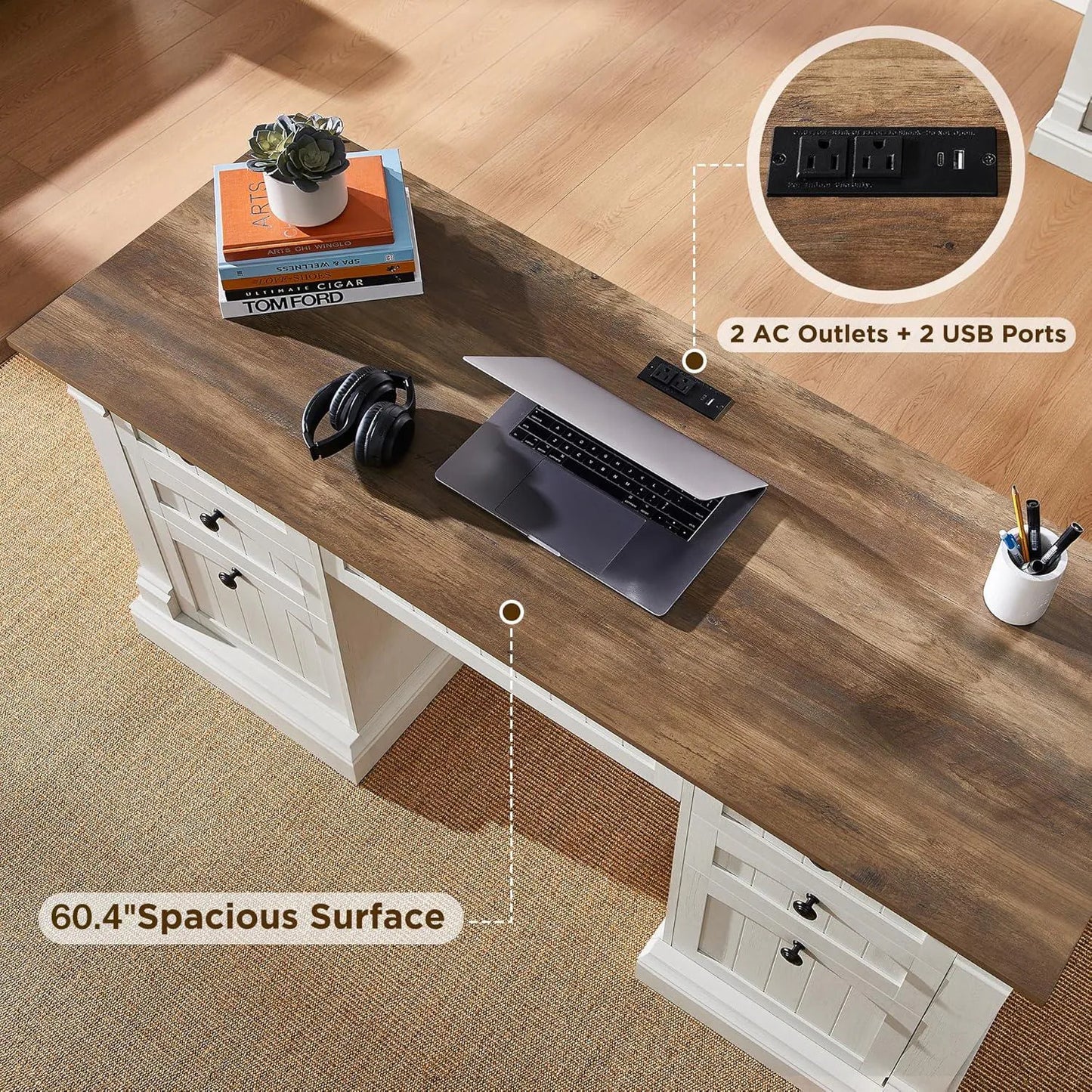 Executive Desk, Wood Office Desk with Charging Station & File Cabinet
