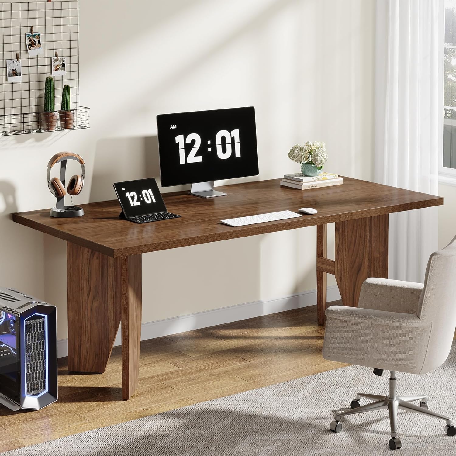 63" Executive Desk, Mid-Century Modern Office Computer Desk with Sturdy Legs, Large Wooden Workstation Writing Table, Farmhouse Business Furniture for Home Office, Brown