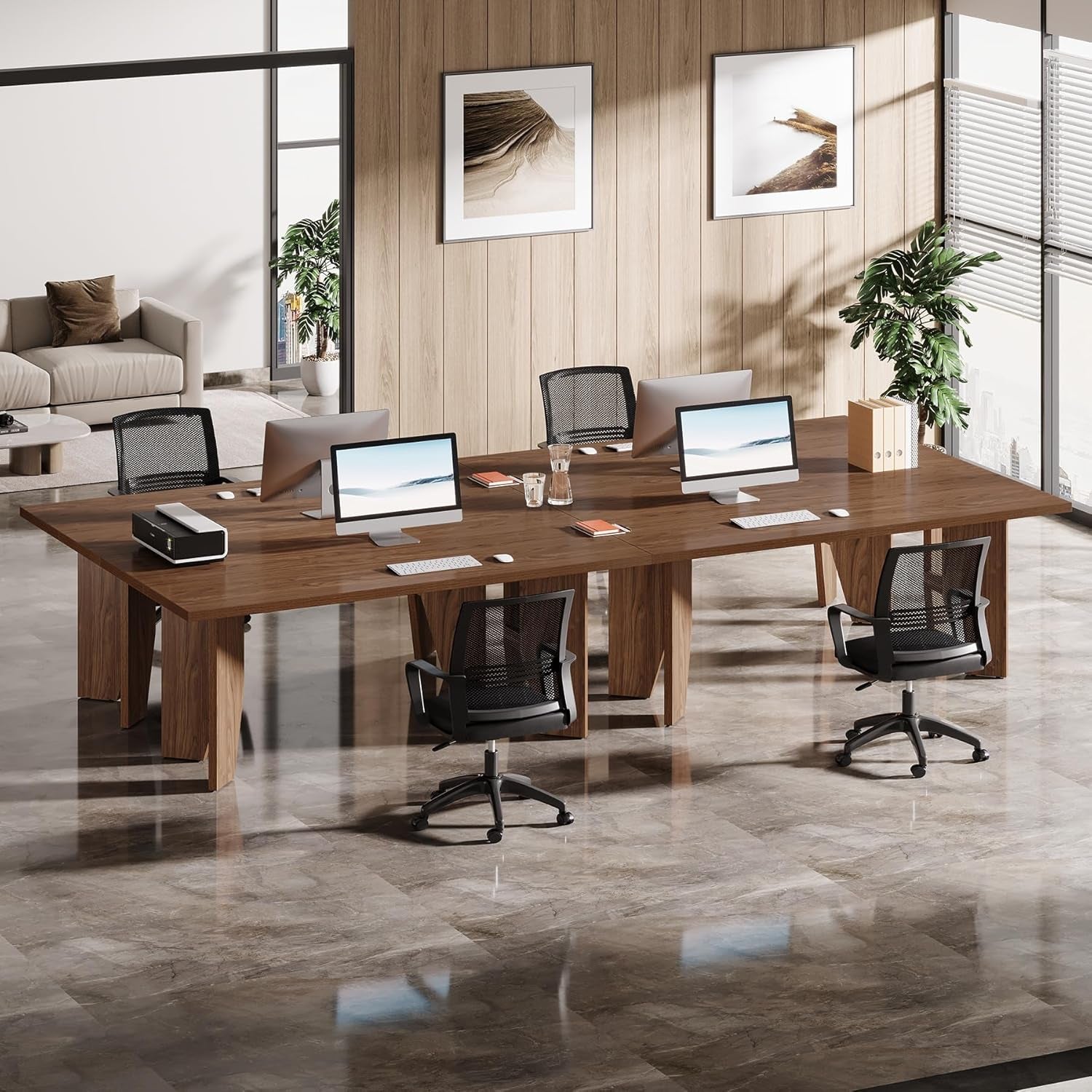 63" Executive Desk, Mid-Century Modern Office Computer Desk with Sturdy Legs, Large Wooden Workstation Writing Table, Farmhouse Business Furniture for Home Office, Brown