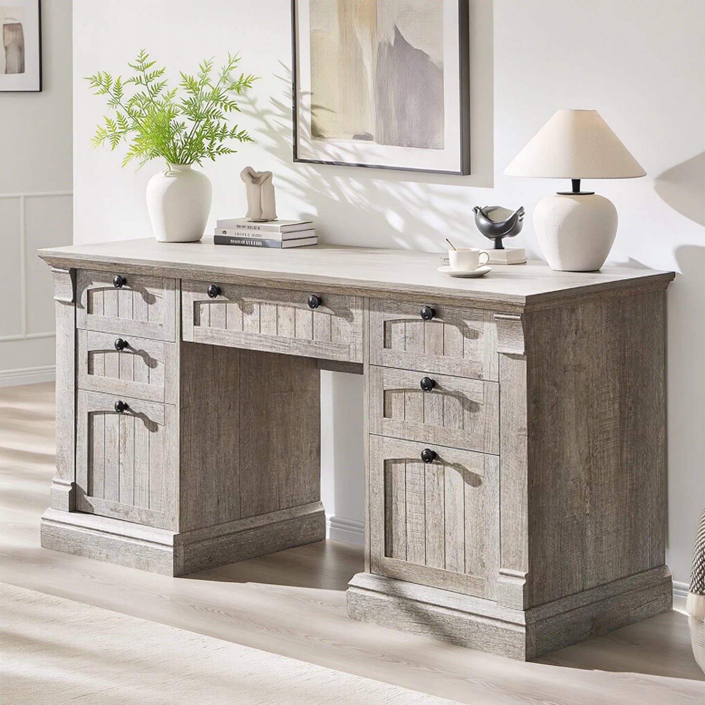 Executive Desk, Wood Office Desk with Charging Station & File Cabinet