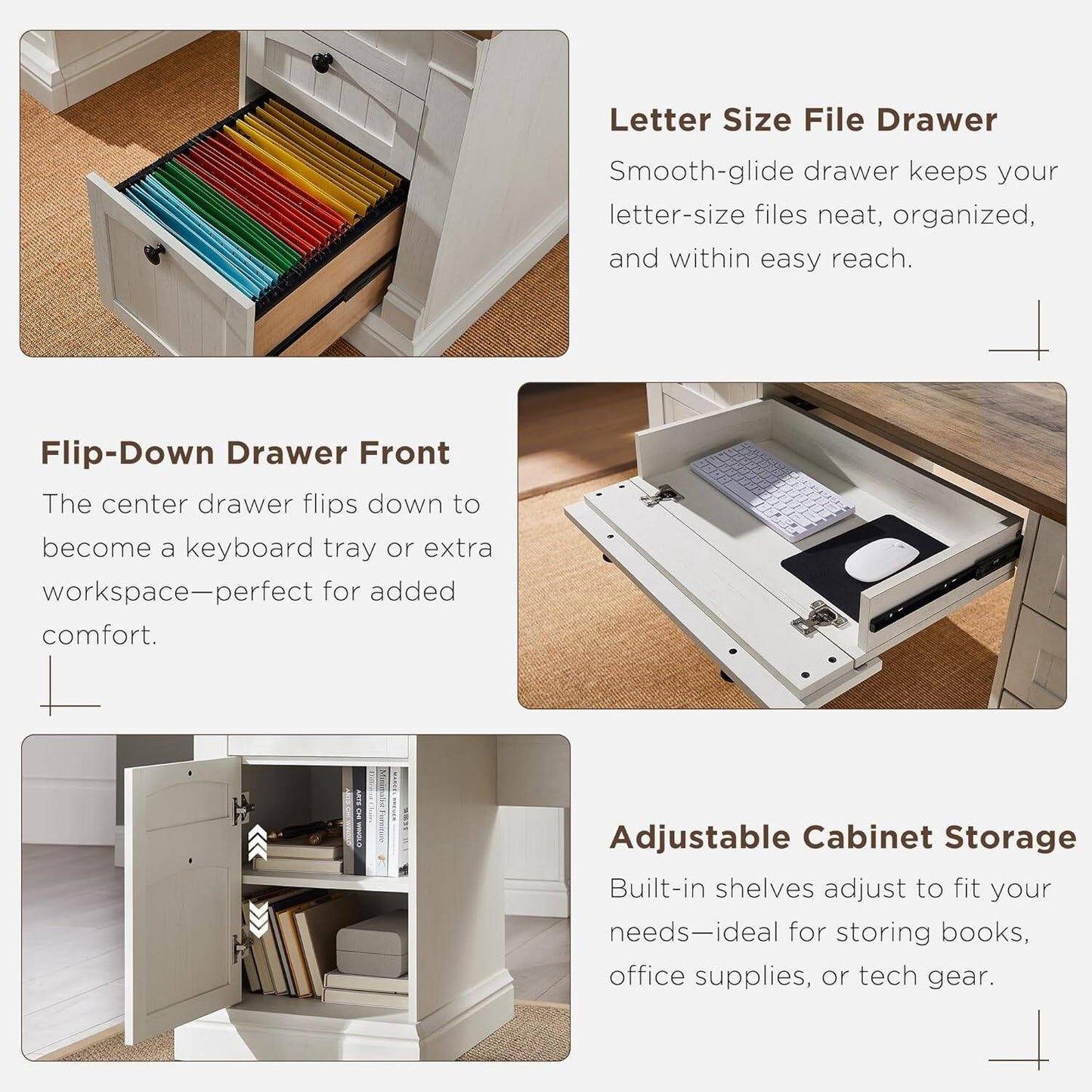 Executive Desk, Wood Office Desk with Charging Station & File Cabinet