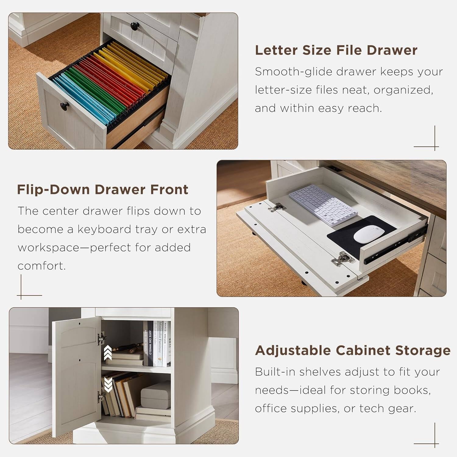 Executive Desk, Wood Office Desk with Charging Station & File Cabinet