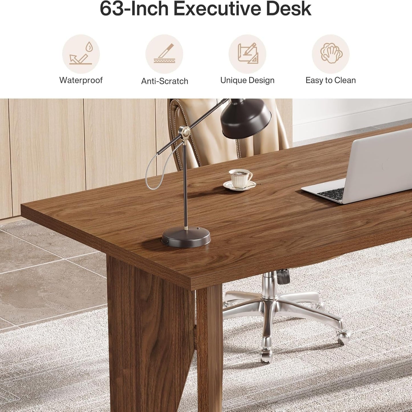 63" Executive Desk, Mid-Century Modern Office Computer Desk with Sturdy Legs, Large Wooden Workstation Writing Table, Farmhouse Business Furniture for Home Office, Brown
