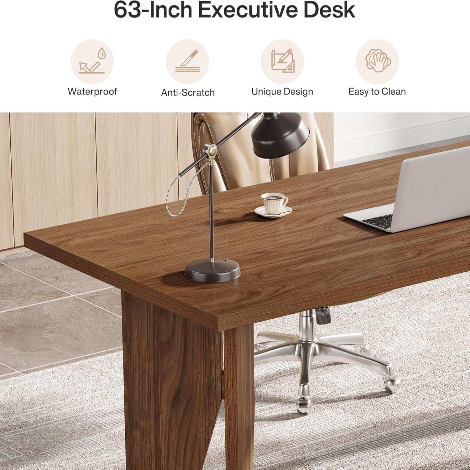 63" Executive Desk, Mid-Century Modern Office Computer Desk with Sturdy Legs, Large Wooden Workstation Writing Table, Farmhouse Business Furniture for Home Office, Brown