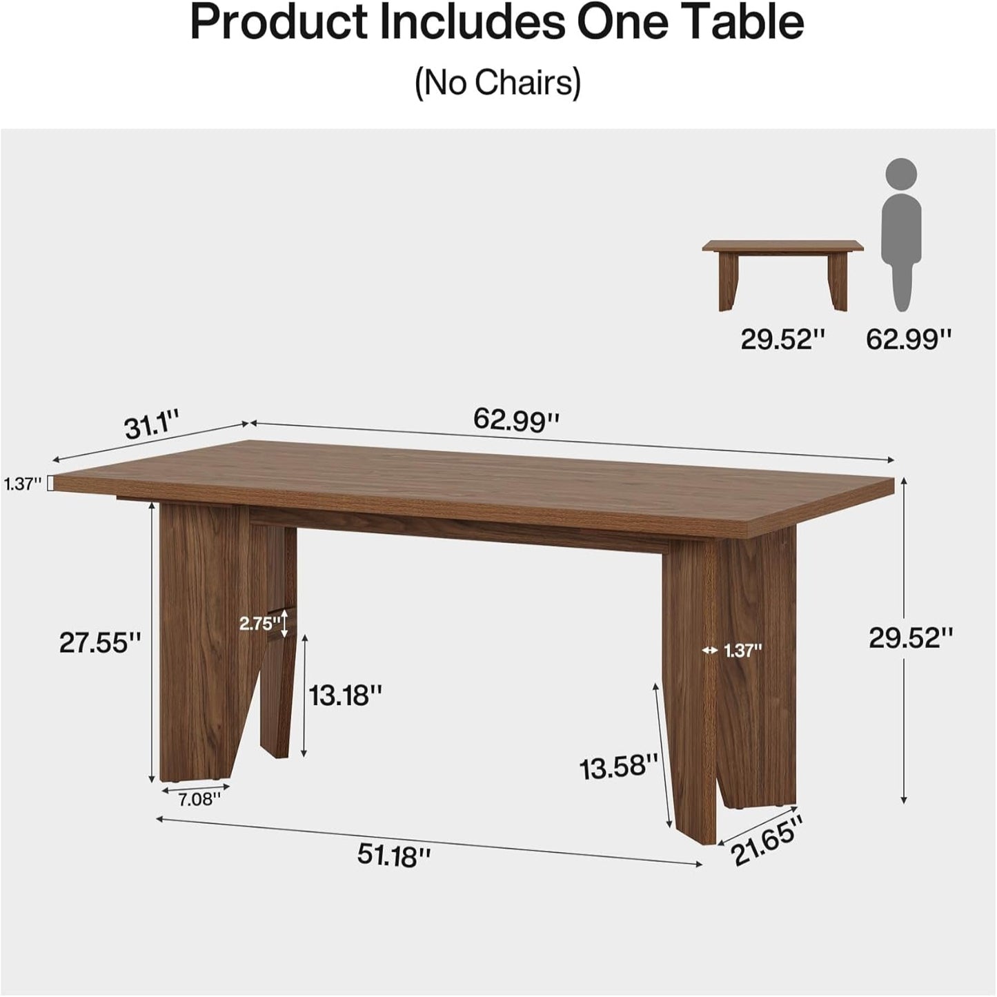 63" Executive Desk, Mid-Century Modern Office Computer Desk with Sturdy Legs, Large Wooden Workstation Writing Table, Farmhouse Business Furniture for Home Office, Brown